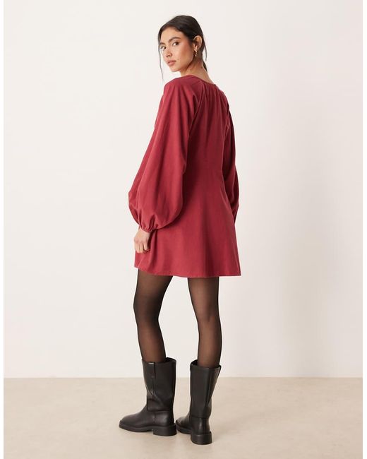 ASOS Red Corduroy V-neck Tie Bust Mini Dress With Volume Sleeve