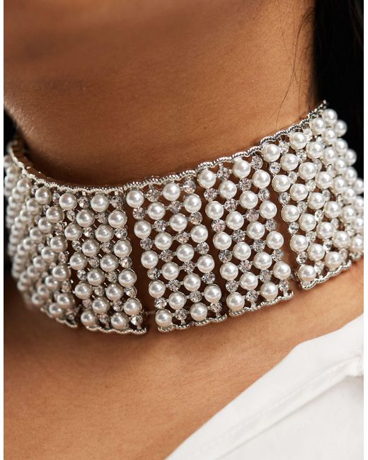 ASOS Metallic Limited Edition Choker Necklace With Faux Pearl And Crystal Cupchain