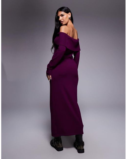 Kaiia Purple Exclusive Slouchy Off The Shoulder Foldover Knit Maxi Dress