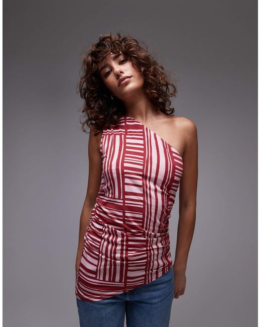 TOPSHOP Red Abstract Print One Shoulder Top