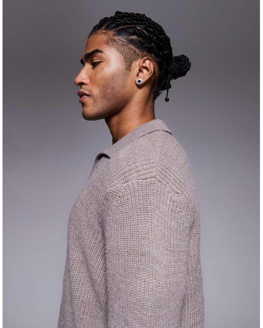 ASOS Gray Relaxed Knitted Rib Notch Neck Polo for men