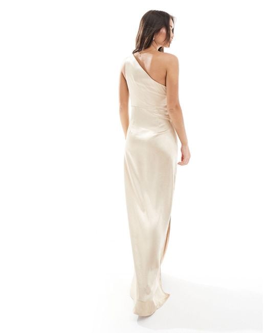 Pretty Lavish Natural Bridesmaid Ruched One Shoulder Satin Maxi Dress