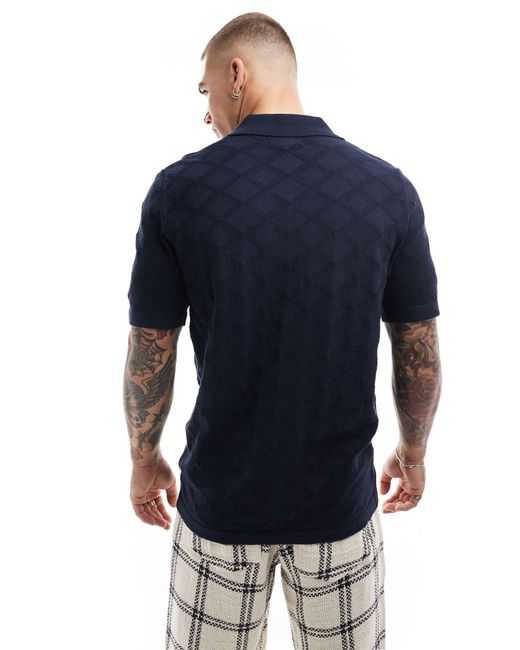 Threadbare Blue Knitted Short Sleeve Revere Collar Shirt for men