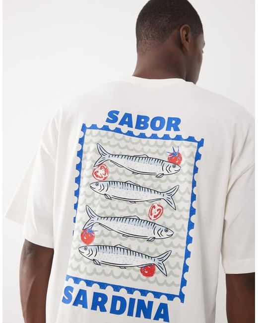 SELECTED White Oversized T-shirt With Sardines Back Print for men