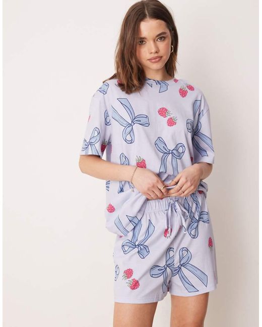 ASOS Blue Bow & Berry Oversized Tee & Short Pajama Set