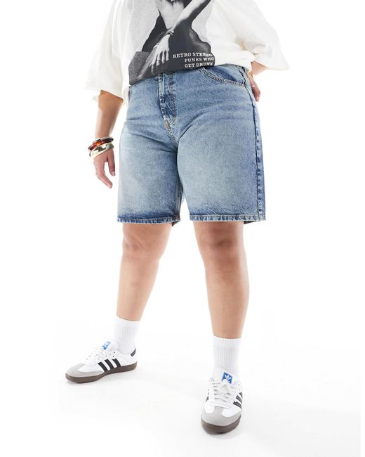 ASOS Blue Asos Design Curve Denim Bermuda Short On Midwash