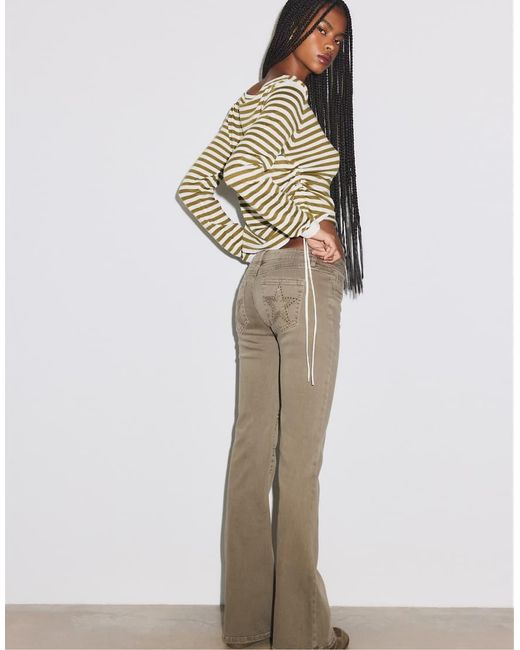 Stradivarius Natural Embroidered Pocket Bell Bottom Jeans