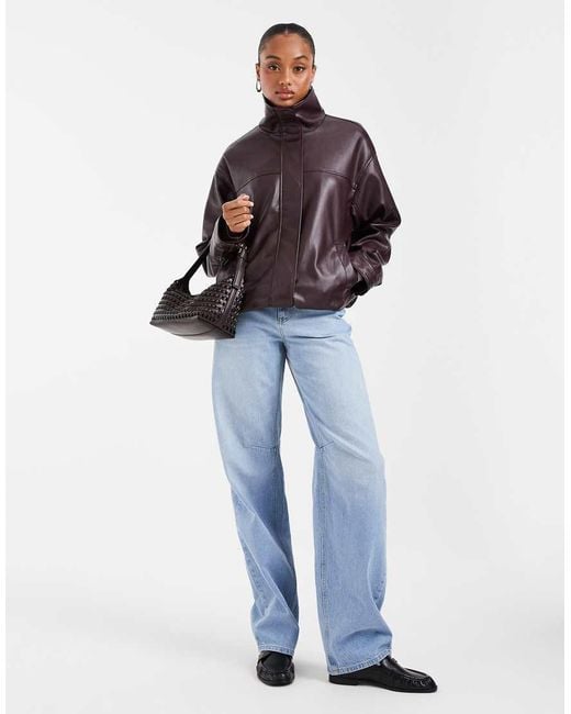 ASOS Brown Asos Design Tall Clean Leather Look Funnel Track Bomber Jacket