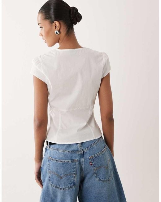 Gina Tricot White Cotton Rich V Neck Short Sleeve Blouse