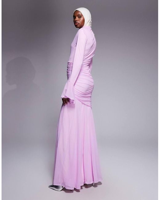 ASOS Purple Stretch Chiffon Ruched Draped Waist Maxi Dress With Fluted Sleeve