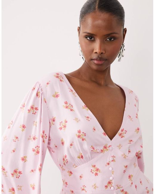 Vila Pink V Neck Button Front Long Sleeve Mini Dress