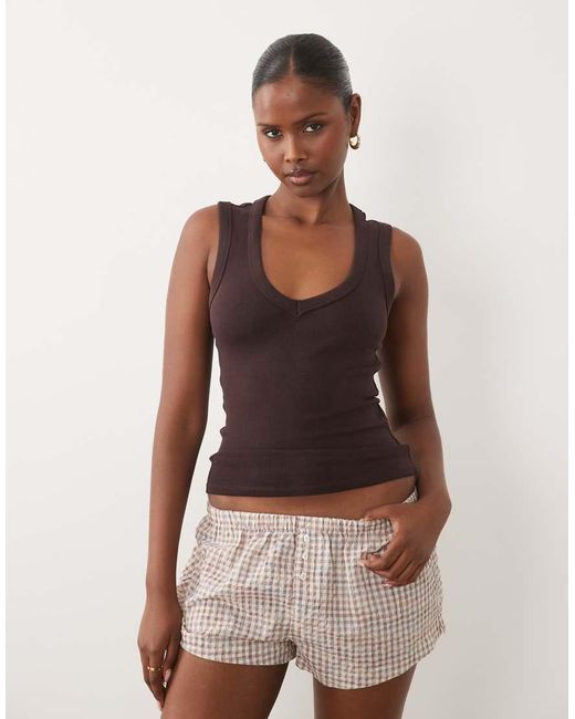 Gina Tricot Brown V Neck Rib Tank