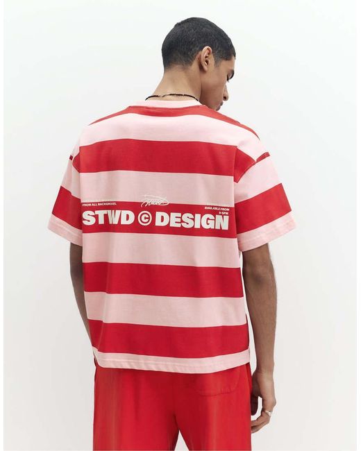 Pull&Bear Red Striped Short Sleeve T-Shirt for men