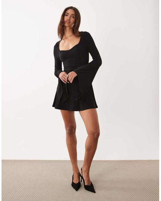 ASOS Black Flute Sleeve Flippy Mini Dress With Sweetheart Neckline