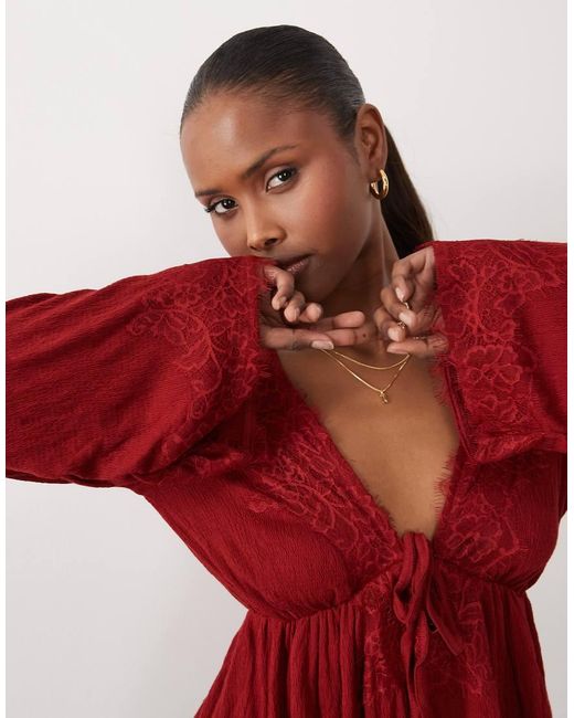ASOS Red Crinkle Lace Trim Plunge Top With Flare Sleeve