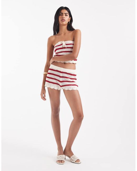 Miss Selfridge Red Knitted Stripe Crochet Booty Shorts Co Ord