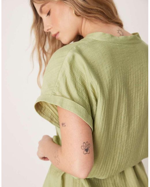 Vila Green Short Sleeve Tie Waist Notch Neck Mini Dress