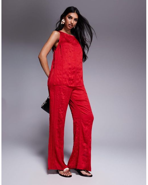 ASOS Red Crinkle Satin Boat Neck Tank Top Co-ord