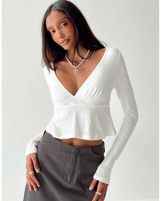 Princess Polly White Segarra Slinky Long Sleeve Peplum V Neck Crop Top