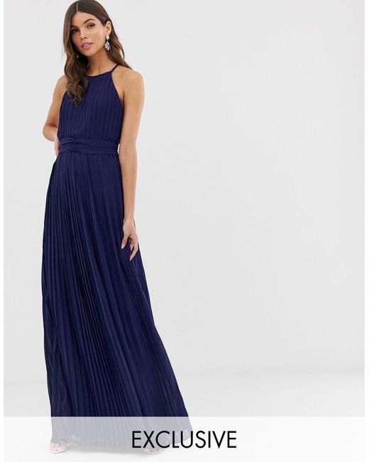 TFNC London Blue Bridesmaid Exclusive High Neck Pleated Maxi Dress