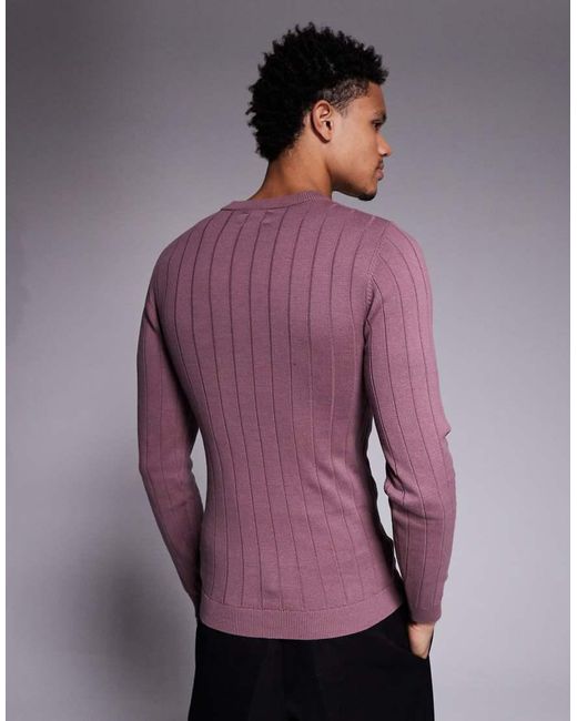 ASOS Purple Muscle Fit Long Sleeve Knitted Rib T-Shirt for men