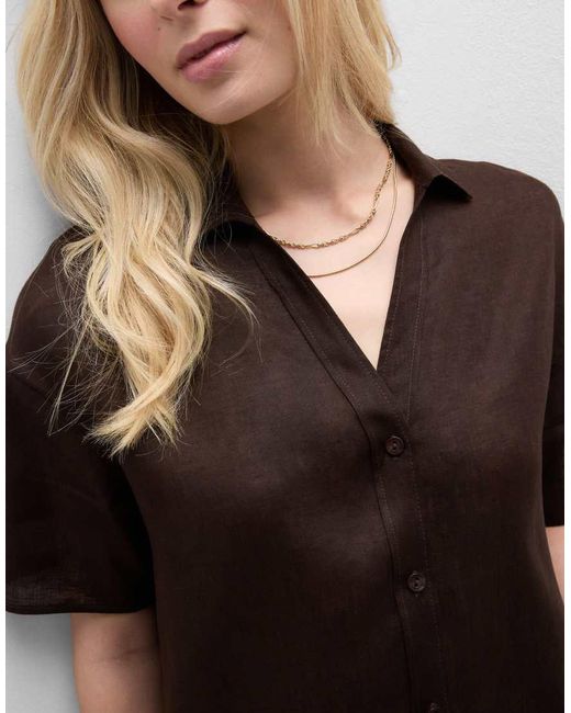 Intimissimi Brown Plain-Weave Linen Short-Sleeved Shirt