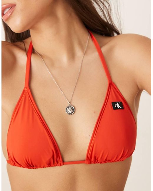 Top Bikini A Triangolo Allacciato Davanti Con Applicazione Logo di Calvin Klein in Red