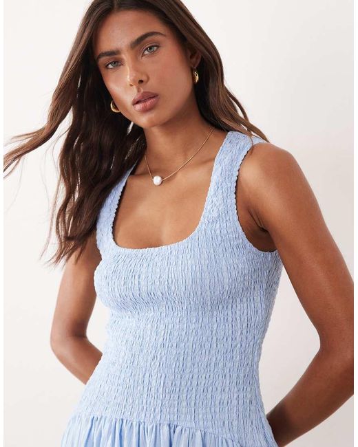 ASOS Blue Crinkle Scoop Neck Maxi Sundress With Shirred Waist