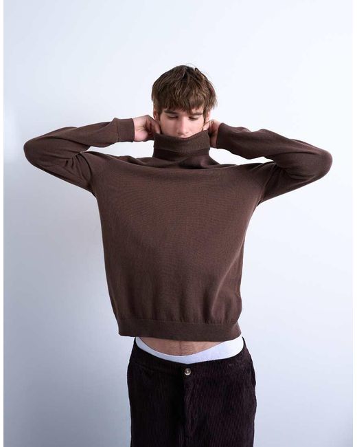 Topman Brown Essential Knitted Roll Neck for men