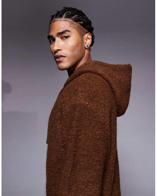 ASOS Brown Oversized Knitted Boucle Hoodie for men