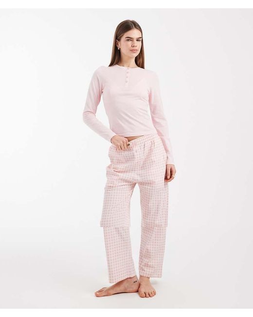 Brave Soul Pink Cotton Long Sleeve Henley T-shirt And Gingham Pants Pajama Set