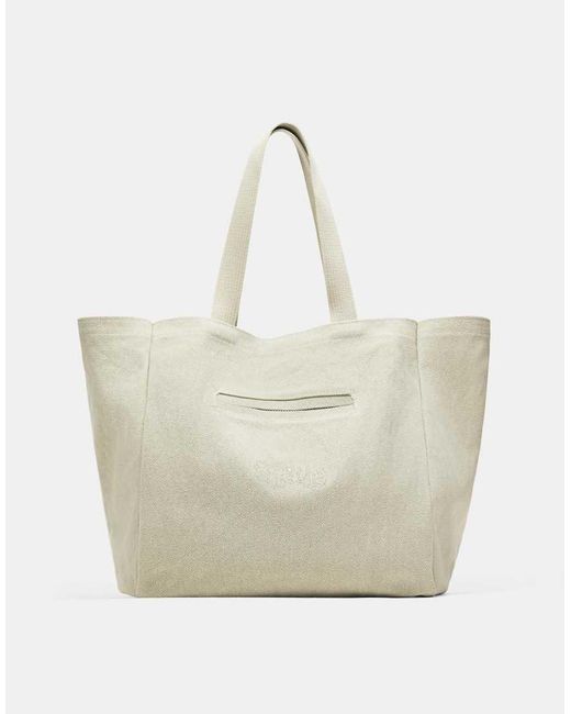 Pull&Bear Natural Stwd Canvas Tote Bag for men