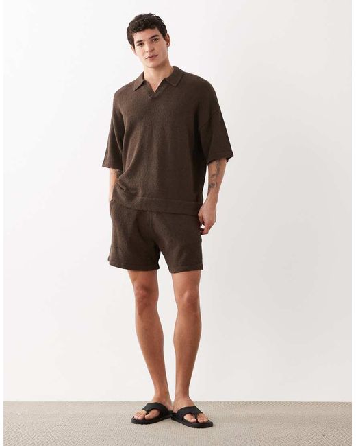 ASOS Brown Oversized Co-Ord Short Sleeve Knitted Boucle Notch Neck Polo for men