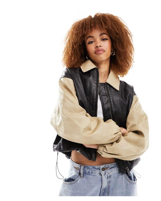 Lioness Natural Leather Look Contrast Bomber Jacket
