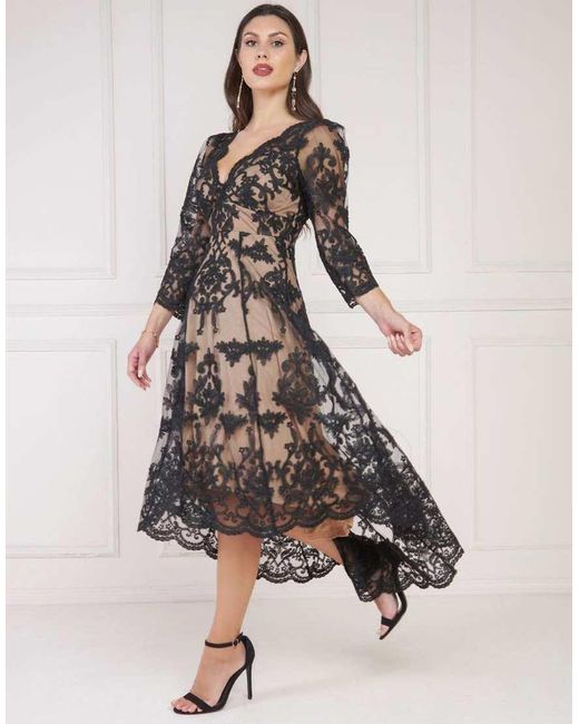 Goddiva Black Scalloped Lace Dipped Hem Midi Dress
