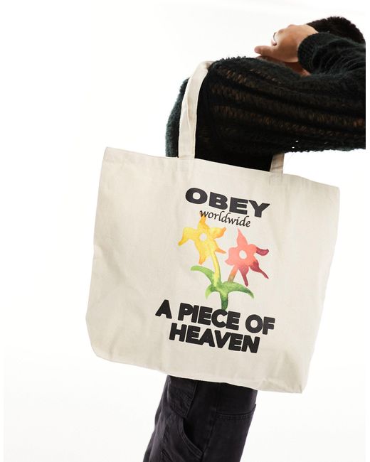Borsa shopping bianca con stampa "a piece of heaven" di Obey in Black da Uomo