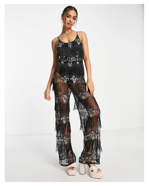 Miss Selfridge White Premium Festival Embellished Scooped Cami Jumpsuit With Sheer Trousers