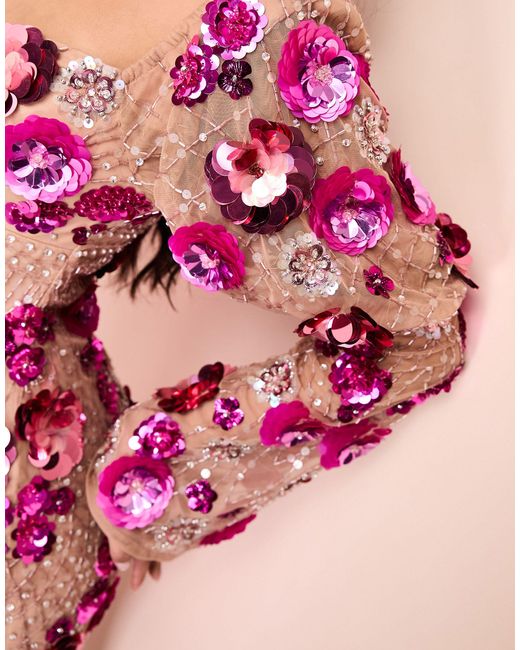 ASOS Pink 3d Floral Embellished Puff Sleeve Mini Dress