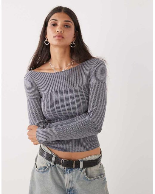 Collusion Gray Knitted Off Shoulder Washed Long Sleeve Top