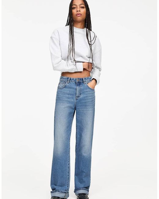 Pull&Bear Blue Straight Baggy Jeans With Turn Up Hems