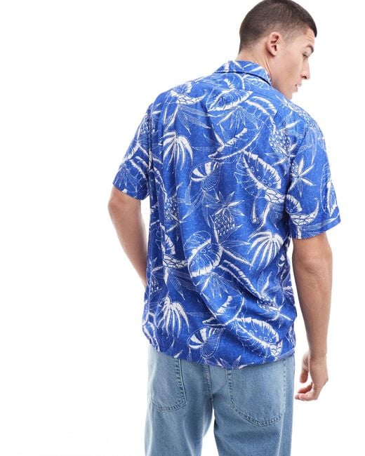 Polo Ralph Lauren Blue Short Sleeve Revere Collar Ocean Breeze Floral Print Rayon Shirt Classic Oversized Fit for men