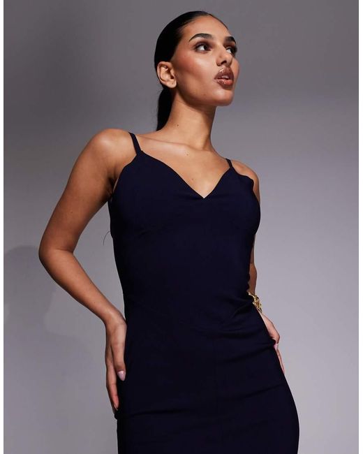 Vesper Blue Bengaline V Neck Cami Low Back Maxi Dress