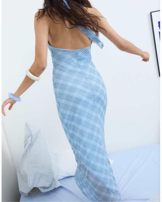 Stradivarius Blue Halter Neck Backless Midi Dress
