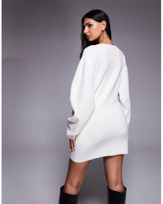 The Frolic White Exclusive Straight Neck Ribbed Knit Balloon Sleeve Mini Jumper Dress