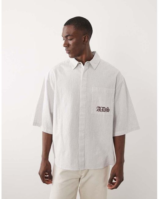 ASOS Natural Oversized Stripe Shirt With Pocket Embroidery for men