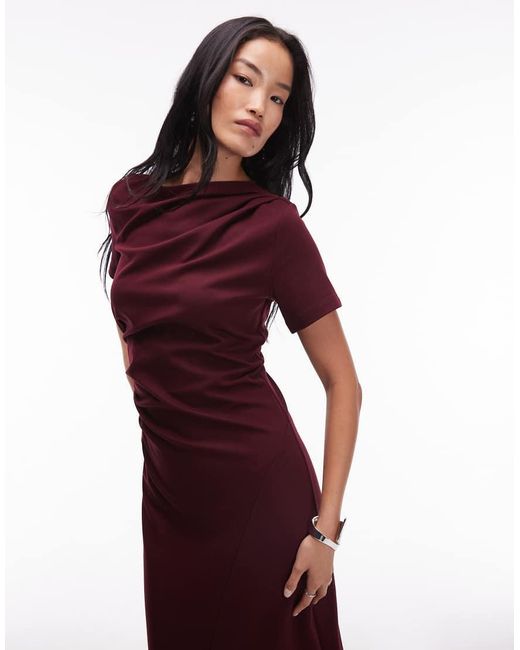 & Other Stories Red Short Sleeve Drape Twist Midaxi Dress With Front Split