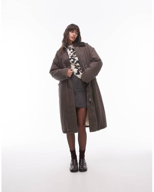 TOPSHOP Brown Longline Cotton Padded Jacket With Cord Collar