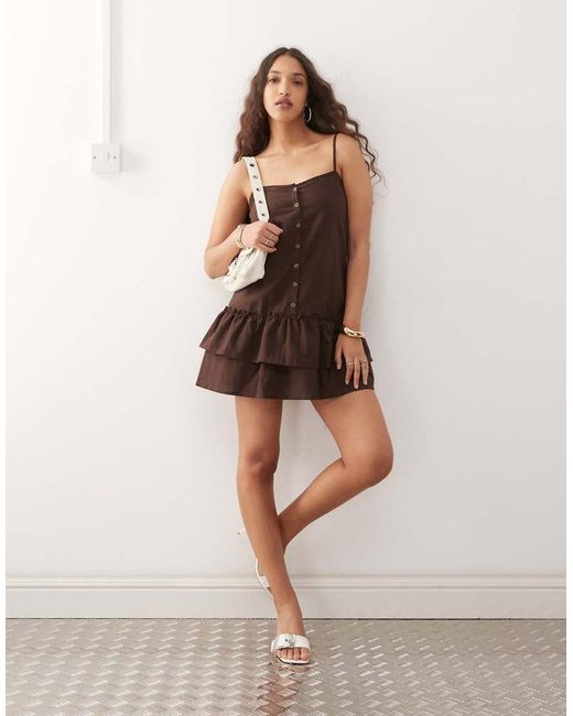 Motel Natural Mailina Button Detail Linen Mini Dress