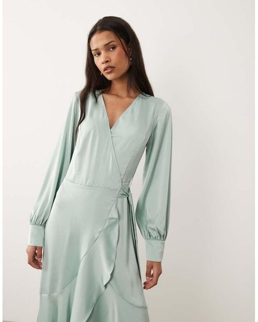 Vila Green Long Sleeve Satin Wrap Midi Dress