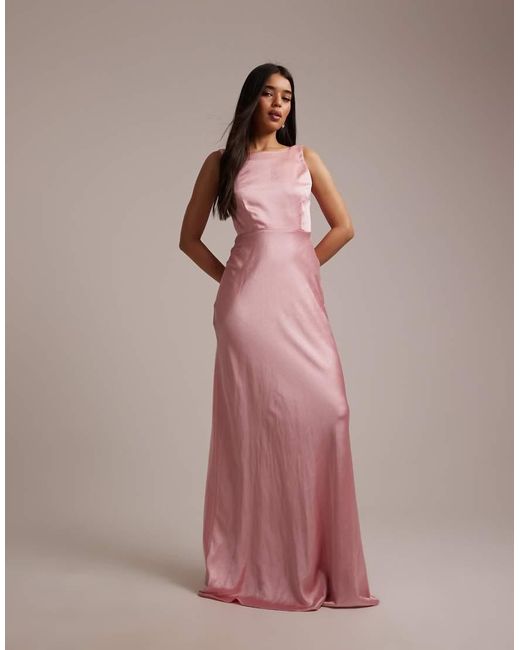 Six Stories Pink Bridesmaids Satin Sleeveless Cowl Back Maxi Dress